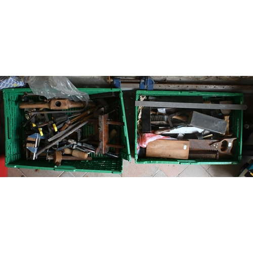 208 - A large assorted quantity of antique and later hand tools etc, incl. planes, moulding planes, chisel... 