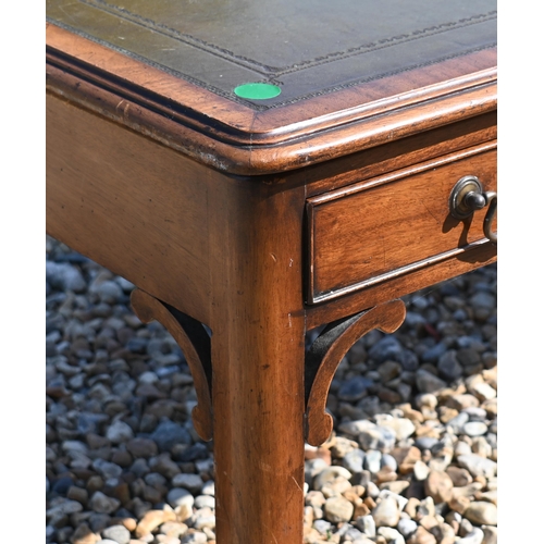 209 - # A mahogany green leather top coffee table with two drawers, 149 cm x 50 cm x 46 cm h