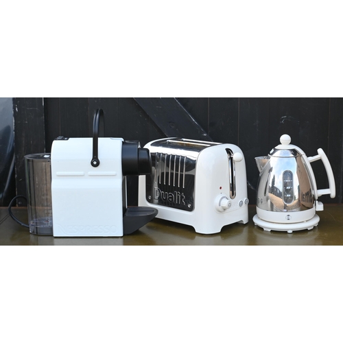 213 - A Dualit DMK1 kettle, white to/with a Dualit two slot toaster, white and a Nespresso machine, white,... 