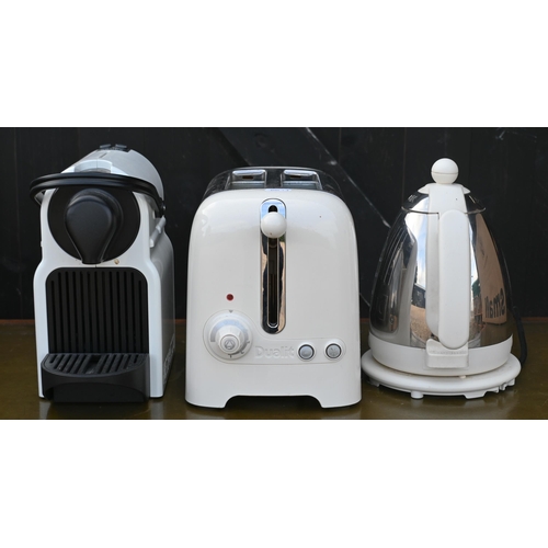 213 - A Dualit DMK1 kettle, white to/with a Dualit two slot toaster, white and a Nespresso machine, white,... 