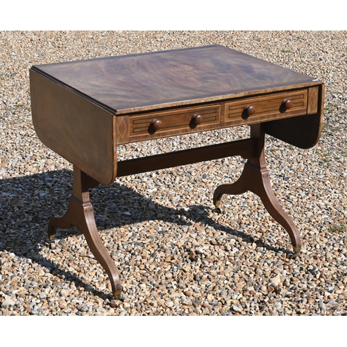 218 - A Victorian two drawer mahogany ebony line inlaid drop leaf sofa table, with two frieze drawers, rai... 