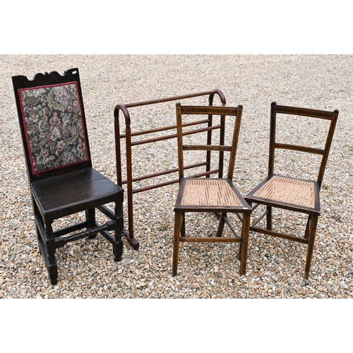 219 - A pair of cane seat bedroom chairs to/with a clothes airer and an 18th century oak chair (4)