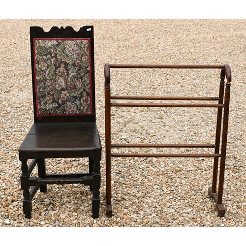 219 - A pair of cane seat bedroom chairs to/with a clothes airer and an 18th century oak chair (4)