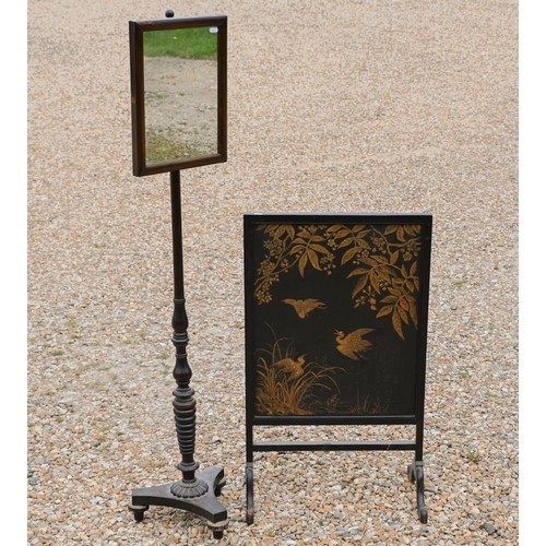 227 - # A Victorian brass mounted mirror panelled pole screen to/with an ebonised framed silk printed Japa... 