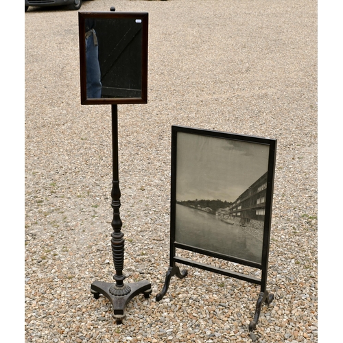 227 - # A Victorian brass mounted mirror panelled pole screen to/with an ebonised framed silk printed Japa... 