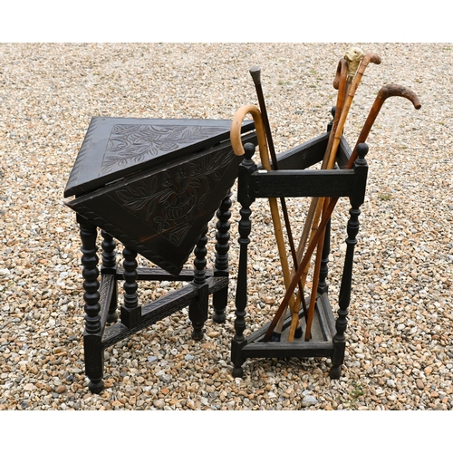 233 - A 17th century credence style stained oak corner table, to/with an oak corner stick stand and sticks... 