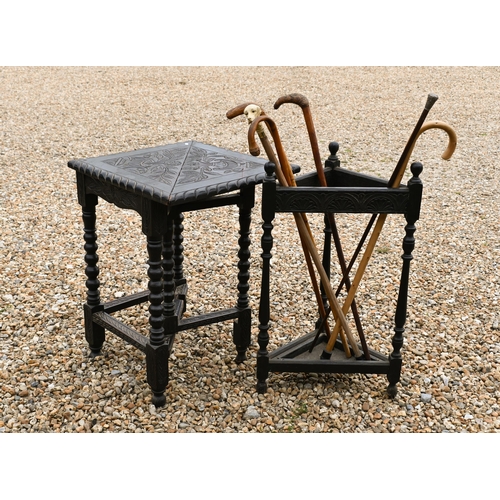 233 - A 17th century credence style stained oak corner table, to/with an oak corner stick stand and sticks... 