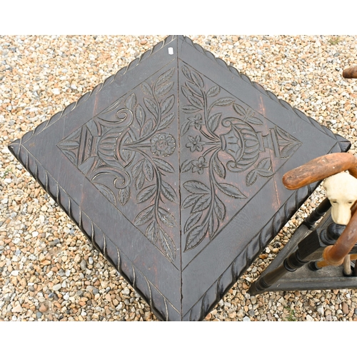 233 - A 17th century credence style stained oak corner table, to/with an oak corner stick stand and sticks... 