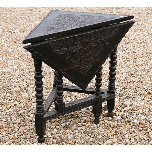 233 - A 17th century credence style stained oak corner table, to/with an oak corner stick stand and sticks... 