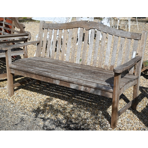 3 - A slatted teak three seater garden bench with arched back and curved seat, 160 cm wide x 70 cm deep ... 