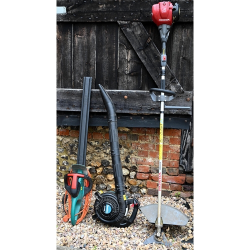 37 - A Honda 4-stroke brush cutter strimmer to/w Makita BHX2500 garden blower and Bosch 7000-Pro-T 240V h... 