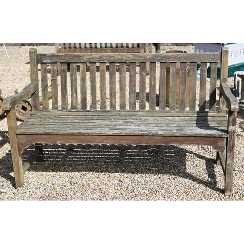 4 - A slatted teak three seater garden bench, 150 cm wide x 62 cm deep x 86 cm high