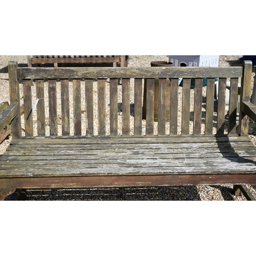 4 - A slatted teak three seater garden bench, 150 cm wide x 62 cm deep x 86 cm high