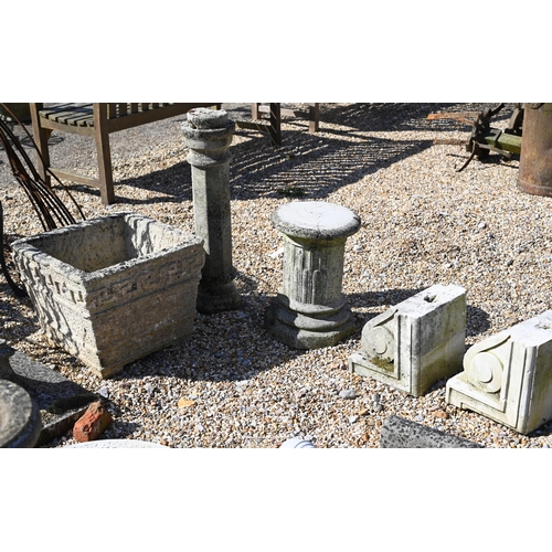 42 - A pair of old weathered square tapering post cap/plinths to/w large square 'Greek key' cast planter,... 