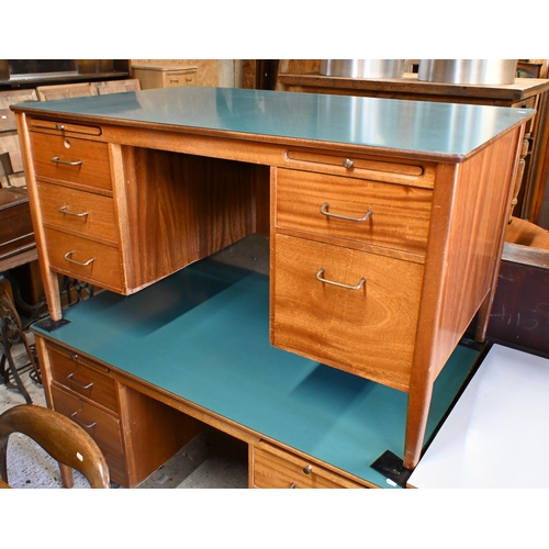 46 - A mid-century grey laminate top ex-ministry kneehole desk, with an arrangement of five drawers and t... 