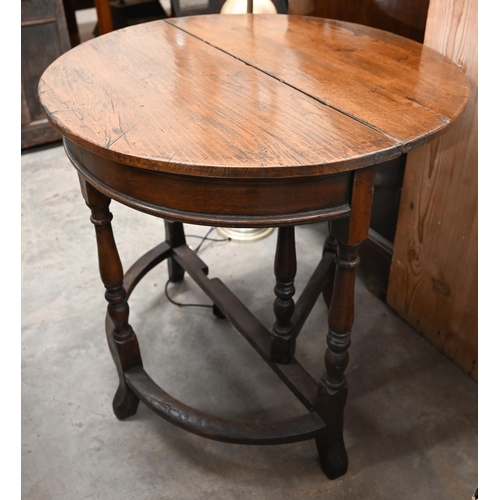 502 - Antique oak demi-lune tea table with hinged folding top, gate-leg support and turned legs, 76 x 38 x... 