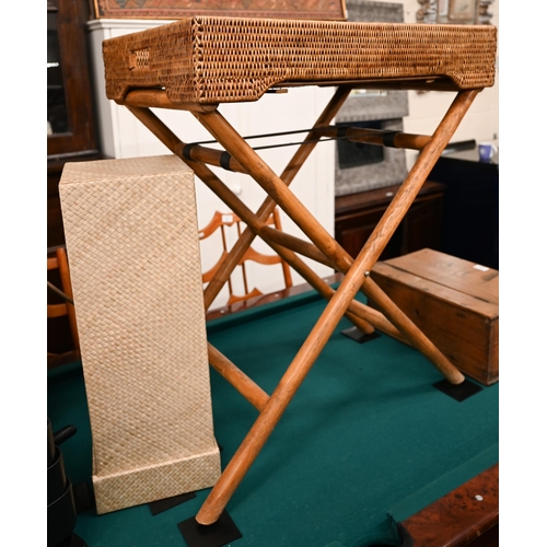 528 - A wicker butler's tray on folding stand, to/w a woven grass pedestal (2)