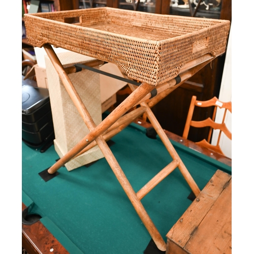 528 - A wicker butler's tray on folding stand, to/w a woven grass pedestal (2)