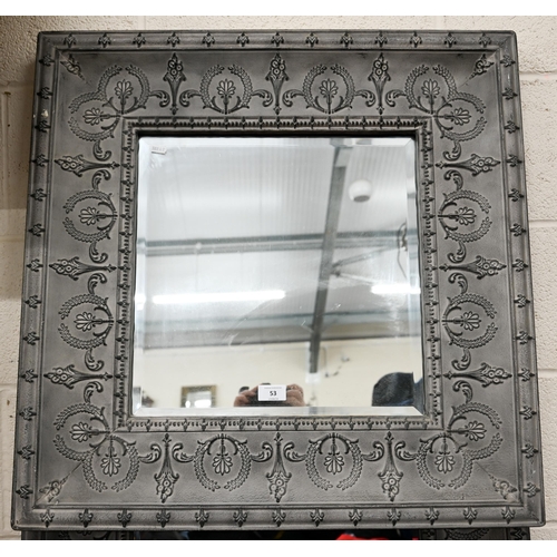 53 - Three wall mirrors, bevelled glass and embossed grey painted metal frames, 69 x 69 cm (3)