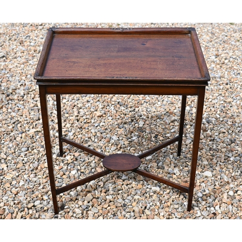 541 - A campaign style mahogany tray-top occasional table, 62 cm x 46 cm x 67 cm