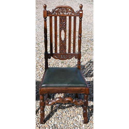 546 - Set of four oak William and Mary style dining chairs with green pad seats