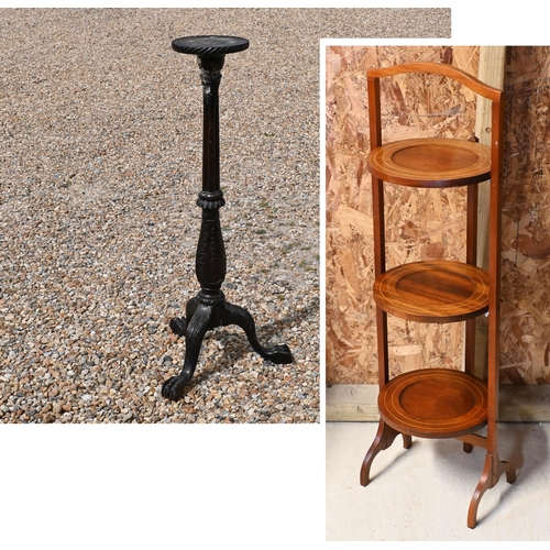 556 - Victorian carved and stained oak tripod jardiniere stand, 109 cm high to/w 3-tier cake stand (2)