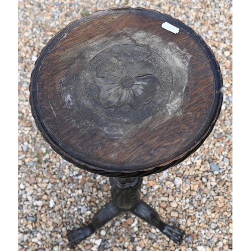 556 - Victorian carved and stained oak tripod jardiniere stand, 109 cm high to/w 3-tier cake stand (2)