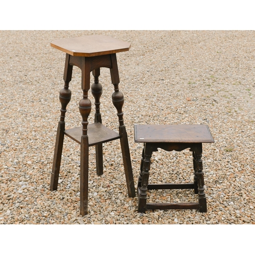 559 - A 17th century style carved oak joint stool to/w an oak two-tier cake stand (2)