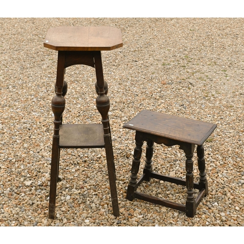 559 - A 17th century style carved oak joint stool to/w an oak two-tier cake stand (2)