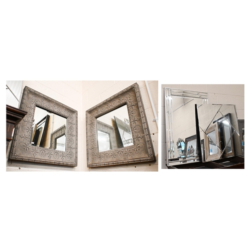 568 - Pair of wall mirrors, bevelled glass and embossed grey painted metal frames, 69 x 69 cm to/w two lar... 