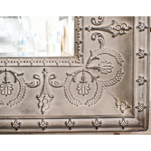 568 - Pair of wall mirrors, bevelled glass and embossed grey painted metal frames, 69 x 69 cm to/w two lar... 