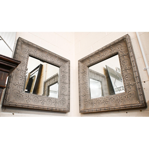 568 - Pair of wall mirrors, bevelled glass and embossed grey painted metal frames, 69 x 69 cm to/w two lar... 