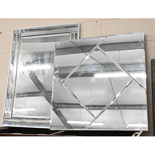 568 - Pair of wall mirrors, bevelled glass and embossed grey painted metal frames, 69 x 69 cm to/w two lar... 