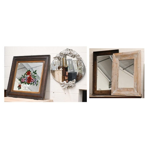 569 - Two bevelled mirrors with limed and stained antiqued frames, 81 cm x 72 cm and 100 cm x 70 cm to/w a... 