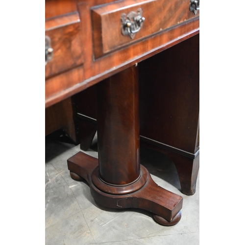 68 - Victorian mahogany console table with small central drawer between dummy drawers on twin column supp... 