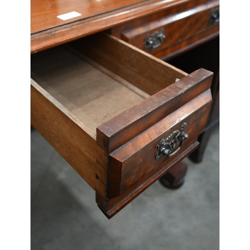 68 - Victorian mahogany console table with small central drawer between dummy drawers on twin column supp... 