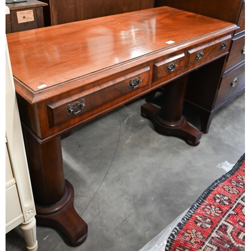 68 - Victorian mahogany console table with small central drawer between dummy drawers on twin column supp... 