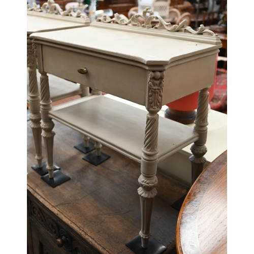 73 - A pair of French carved and painted bedside tables, each with single drawer and open shelf, 54 x 30 ... 