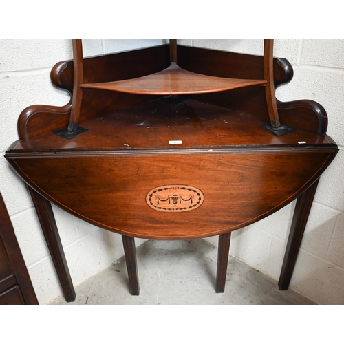 79 - A 19th century mahogany drop leaf corner table with galleried back and inlaid Neoclassical cartouche... 