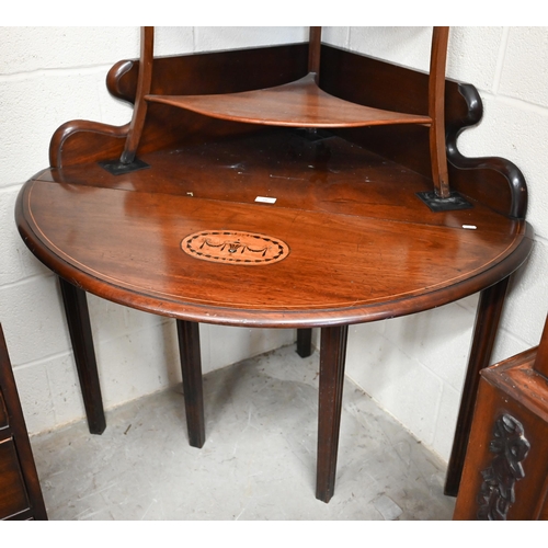 79 - A 19th century mahogany drop leaf corner table with galleried back and inlaid Neoclassical cartouche... 