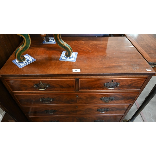 92 - Small Edwardian figured mahogany chest of drawers raised on shaped bracket feet, 78 cm wide x 41 cm ... 