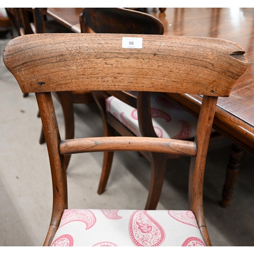 98 - A set of six Regency rosewood bar back dining chairs with paisley fabric pad seats and turned front ... 