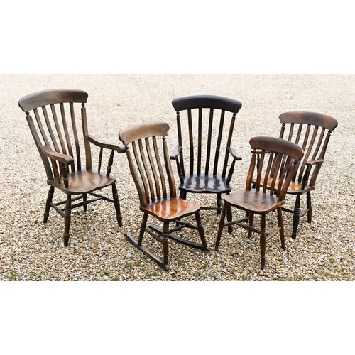 221 - A trio of similar late 19th/20th century slat-back open armchairs to/with a standard side chair and ... 