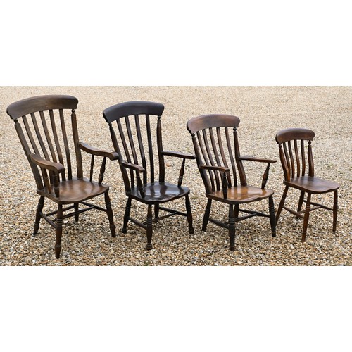 221 - A trio of similar late 19th/20th century slat-back open armchairs to/with a standard side chair and ... 