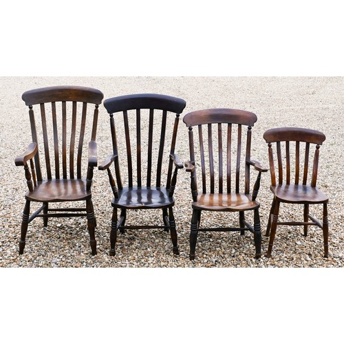 221 - A trio of similar late 19th/20th century slat-back open armchairs to/with a standard side chair and ... 