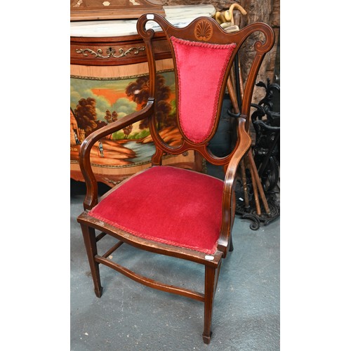 64 - An Edwardian walnut and shell inlaid elbow open armchair with burgundy upholstery