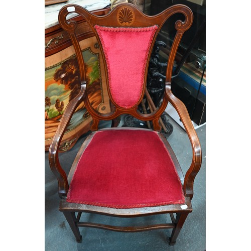 64 - An Edwardian walnut and shell inlaid elbow open armchair with burgundy upholstery