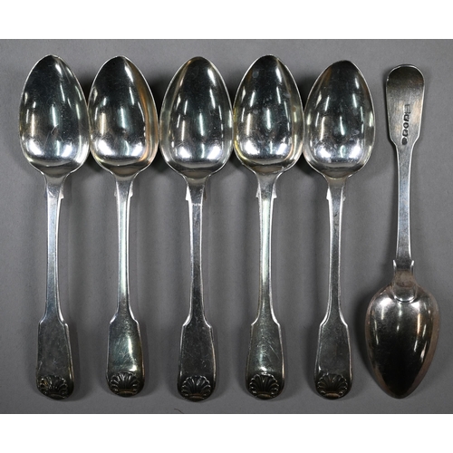 51 - A matched part set of late Georgian silver fiddle and shell flatware comprising six each table forks... 