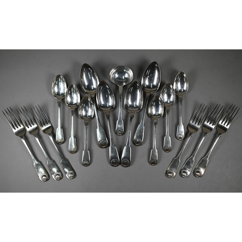 51 - A matched part set of late Georgian silver fiddle and shell flatware comprising six each table forks... 