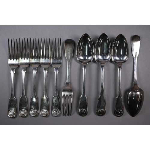 51 - A matched part set of late Georgian silver fiddle and shell flatware comprising six each table forks... 